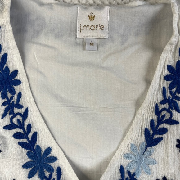 J. Marie White Blue Floral Embroidered Tiered Mini Dress Womens Medium  Pockets - Picture 7 of 11